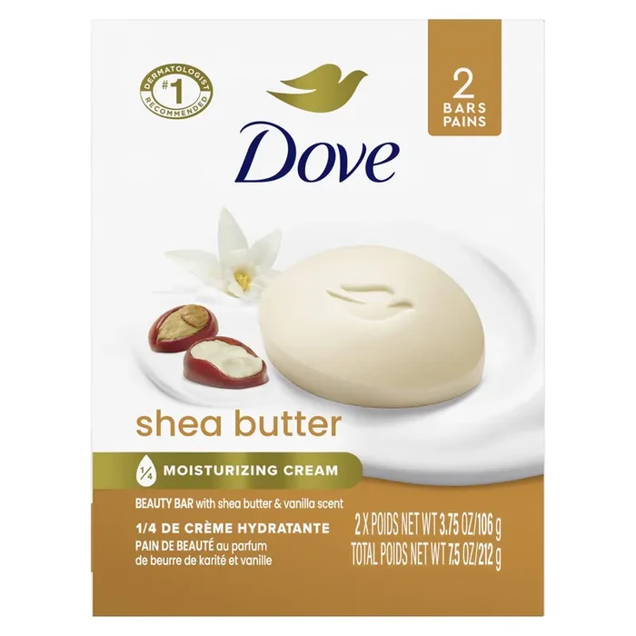 Dove Beauty Bar Gentle Skin Cleanser Shea Butter, 3.75 oz, 2 Bars