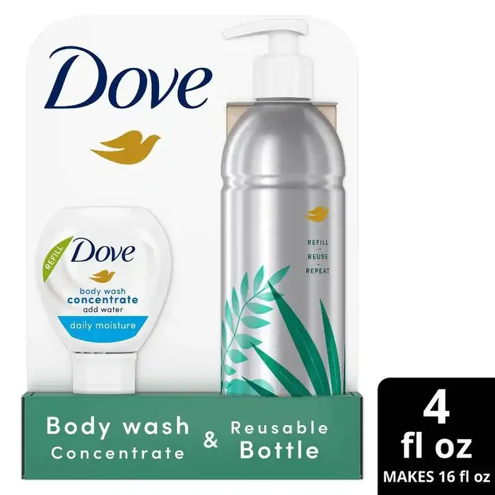 Dove Beauty Daily Moisture Body Wash Refill Concentrate & Reusable Aluminum Bottle – 4 fl oz/Makes 16 fl oz