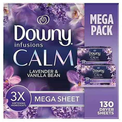 Downy Infusions Calm Mega Lavender & Vanilla Bean Dryer Sheets Fabric Softener Box – 130 Count