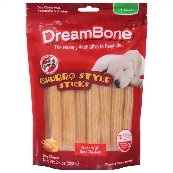 DreamBone Churro-Style Sticks 14 Count, Made With Real Chicken, Rawhide-Free Chews For Dogs