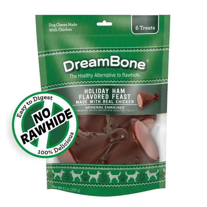 DreamBone Holiday Ham Flavored Chews 6 Count, Made With Real Chicken, Rawhide-Free Chews For Dogs