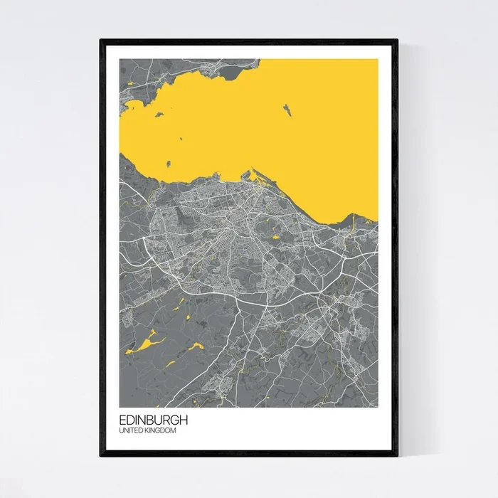 Edinburgh A3 Dark Grey, Yellow and Off White Map Print in Tube