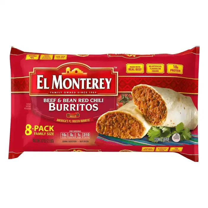 El Monterey Burritos, Beef & Bean Red Chilli, Family Size, 8 Pack