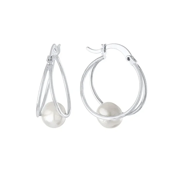 Elements Silver Plated Pearl Hoop Earrings