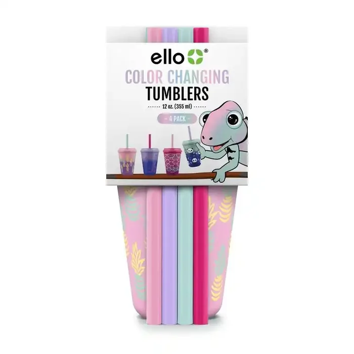 Ello 12oz 4pk Plastic Chameleon Color Changing Cups with Twist on Lids Purple Kids Drinkware, Hand Wash