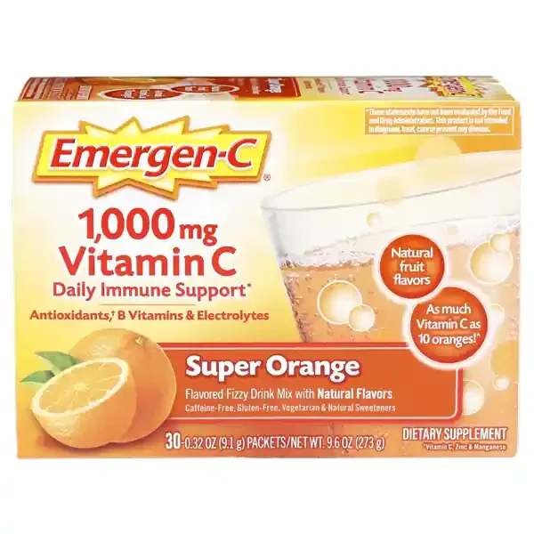 Emergen-C, Super Orange Flavor, 1 Month Supply) Dietary Supplement Fizzy Drink Mix With Vitamin C Packets, Caffeine Free