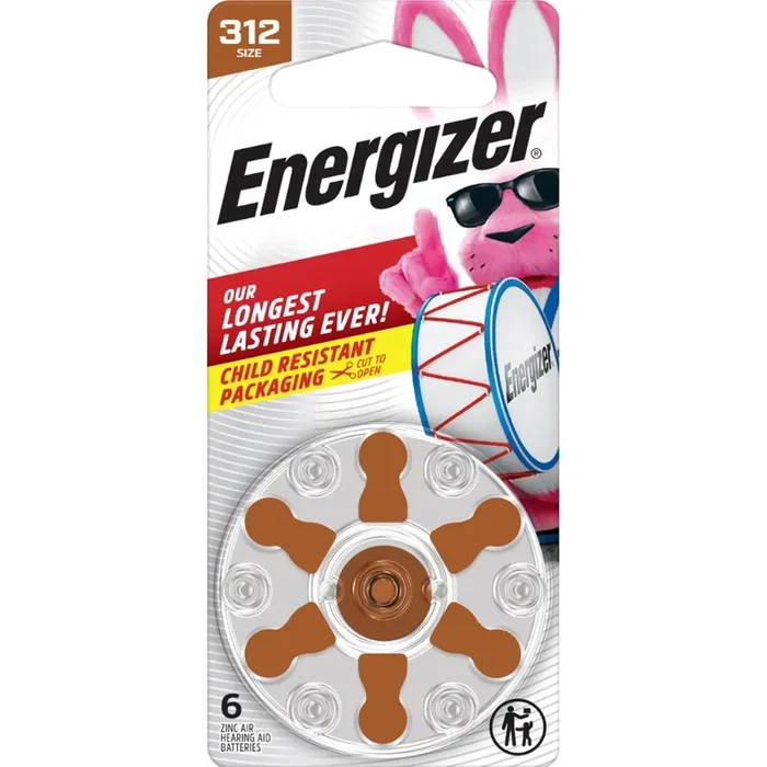 Energizer Zinc Air 312 Size Hearing Aid Batteries 6 ea