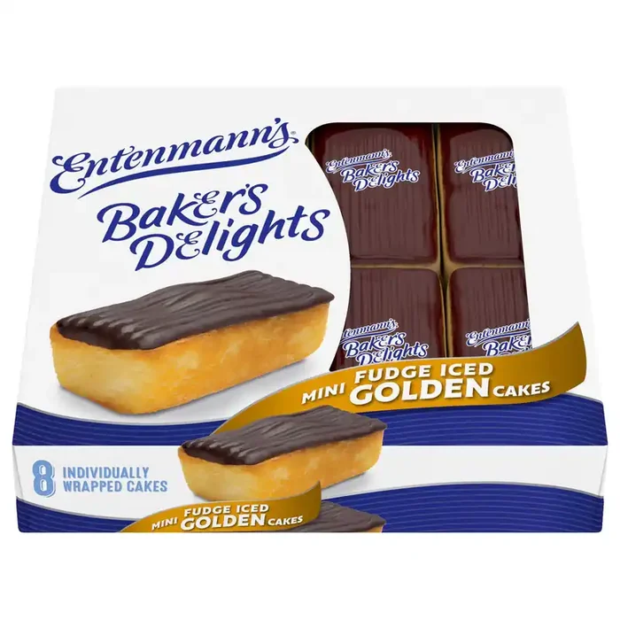 Entenmann‘s Baker‘s Delights Fudge Iced Golden Cakes, 8 packs, Chocolate Mini Snack Cakes, 13.2 oz Box