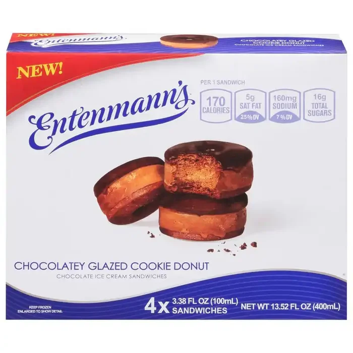 Entenmann‘s Chocolatey Glazed Cookie Donut Chocolate Ice Cream Sandwiches 4 – 3.38 fl oz Sandwiches