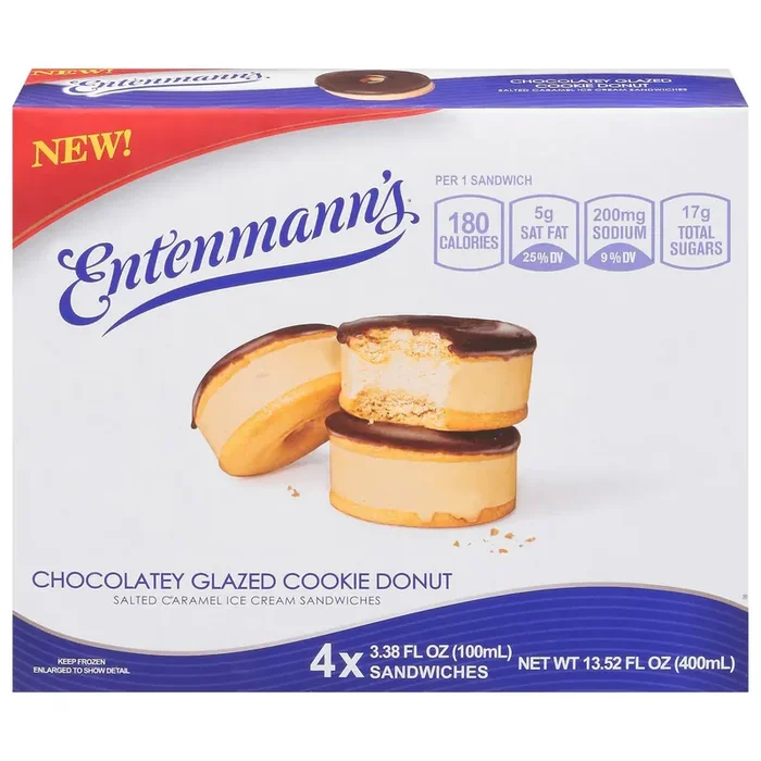 Entenmann‘s Chocolatey Glazed Cookie Donut Salted Caramel Ice Cream Sandwiches 4 – 3.38 fl oz Sandwiches