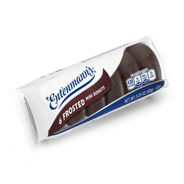 Entenmann‘s Frosted Donuts, 6 count, Chocolate Mini Donuts, 3.25 oz Pouch