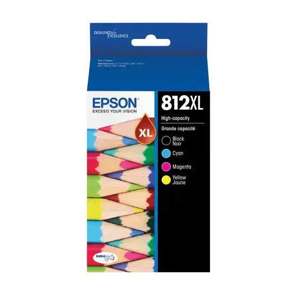 Epson Durabrite Ultra High-Yield Ink Cartridges, Black/Cyan/Yellow/Magenta, Pack Of 4 Cartridges, T812Xl-Xcs