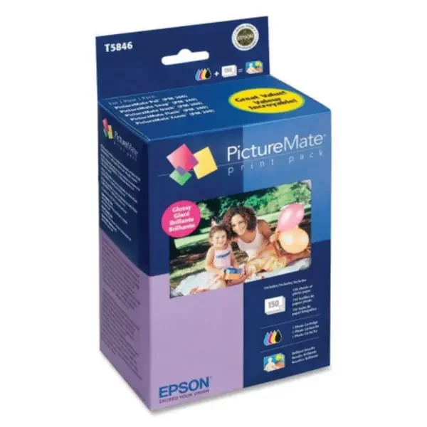 Epson® T584 PictureMate Tri-Color Ink Cartridge And 100-Sheet Glossy Paper Print Pack, T5846