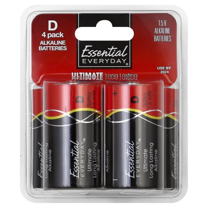 Essential Everyday Batteries, Alkaline, D, 4 Pack