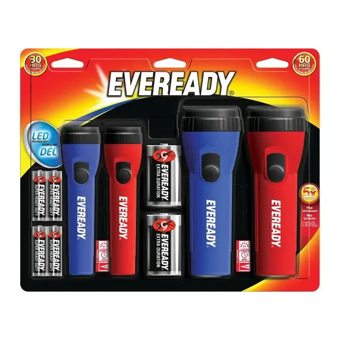 Eveready LED Flashlight Portable Light Set for Kids‘ & Camping, Includes Batteries, 4-Piece, Red & Blue