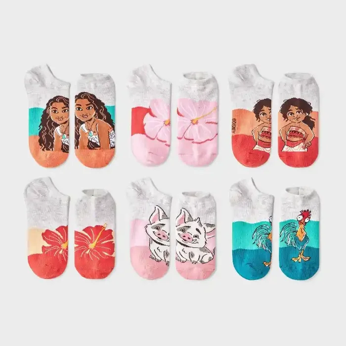 Girls‘ No Show Socks Moana – M/L Disney, 6-Pack, Lightweight Knit, Polyester & Spandex