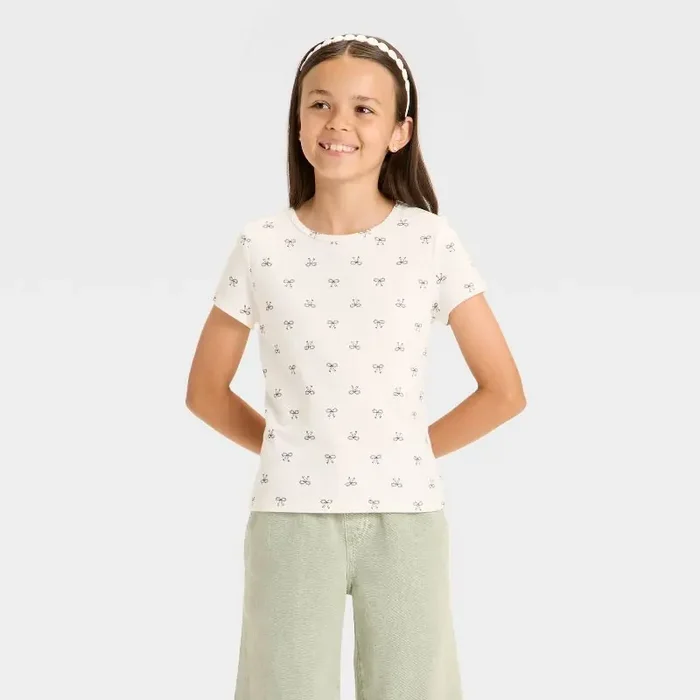 Girls‘ Short Sleeve Fitted Bow T-Shirt – Cat & Jack™ Cream XS