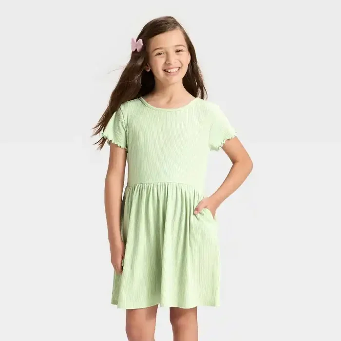 Girls‘ Short Sleeve Ribbed Dress – Cat & Jack™ Sage Green S