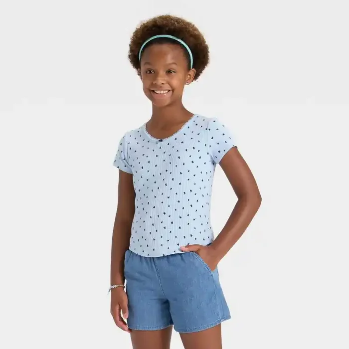 Girls‘ Short Sleeve Ribbed T-Shirt – Cat & Jack™ Blue Floral M