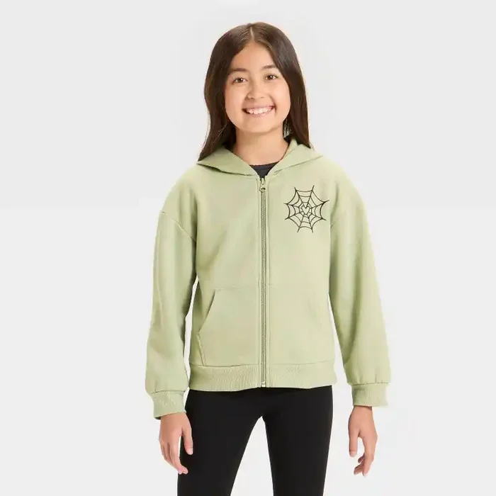 Girls‘ Zip-Up Halloween Spider Fleece Hoodie Sweatshirt – Cat & Jack™ Light Olive Green XS