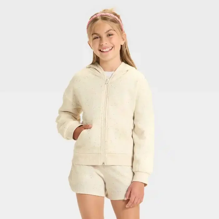 Girls‘ Zip-Up Polka Dots Fleece Hooded Sweatshirt – Cat & Jack™ Cream XL