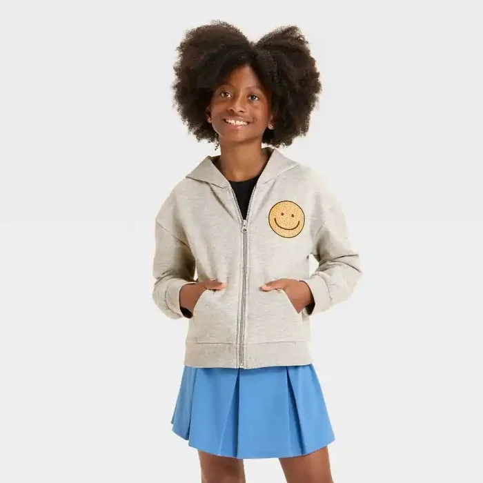 Girls‘ Zip-Up Smiley Fleece Hooded Sweatshirt – Cat & Jack™ Heather Gray M