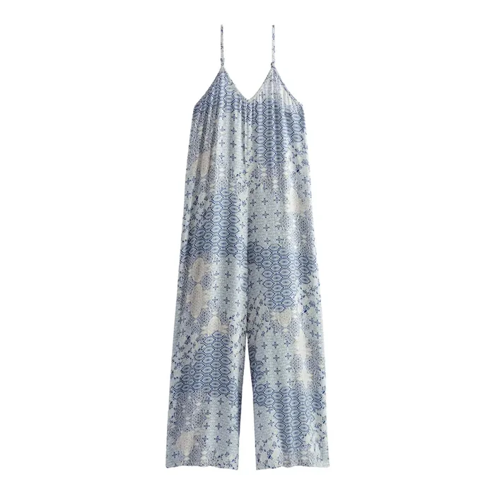 Ivory and Blue Patchwork Leonora Jumpsuit Pajamas