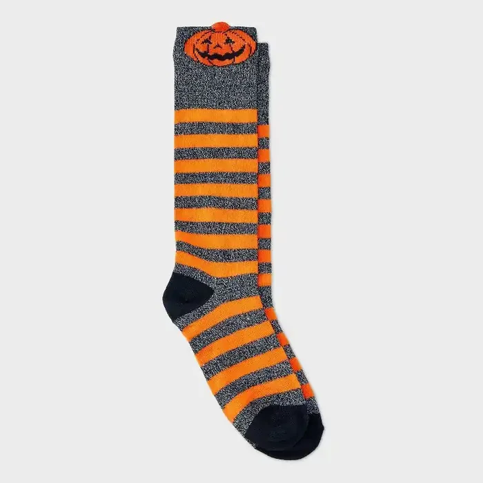Kids‘ 2pk Pumpkin Sparkle and Striped Halloween Knee High Socks – Cat & Jack™ S