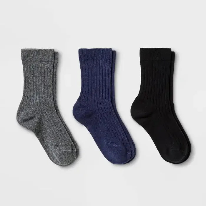 Kids‘ 3pk Dress Socks – Cat & Jack™ Gray/Black/Navy Blue S Crew Height, Flat Seams
