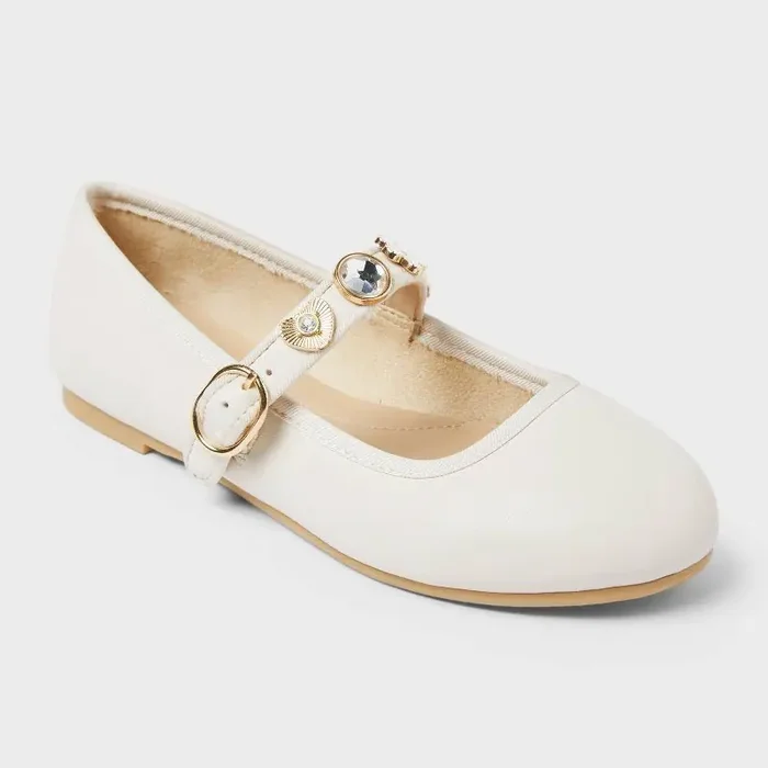 Kids‘ Marla Charm Ballet Flats – Cat & Jack™ Ivory 13 Adjustable Buckle, Studded Design, Round Toe