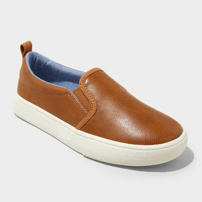 Kids‘ Rune Slip-On Sneakers – Cat & Jack™ Cognac 2 Faux Leather, Non-Marking Sole, Closed Round Toe