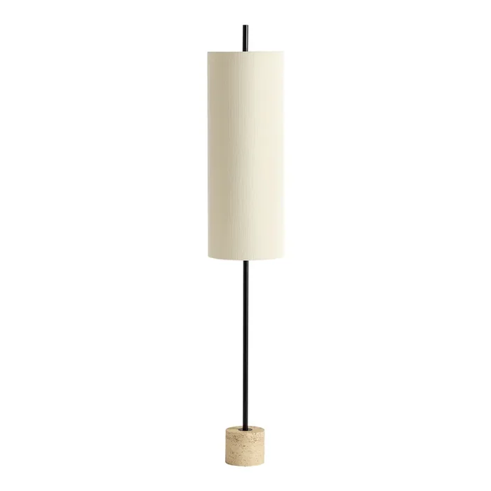 Lara Faux Travertine and Black Metal Pleated Drum Floor Lamp