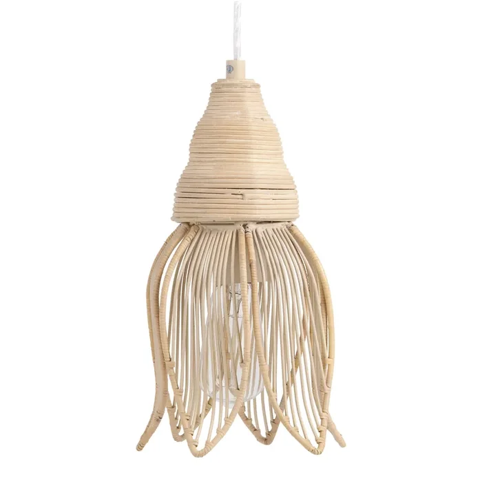 Natural Woven Rattan and Cream Metal Floral Pendant Lamp