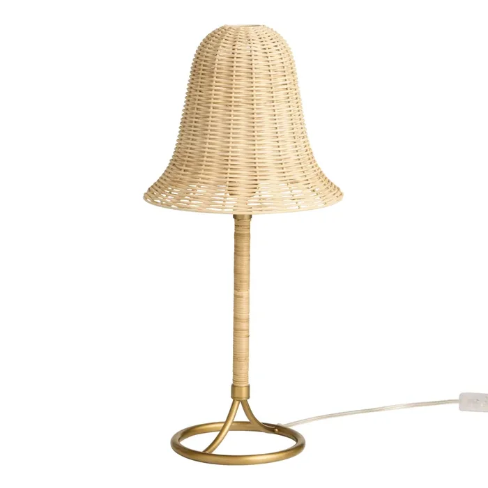 Natural Woven Rattan and Gold Metal Bell Table Lamp