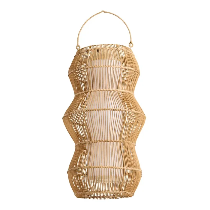 Natural Woven Rattan Cylinder Wavy Solar LED Lantern