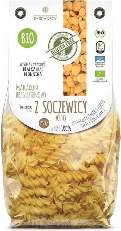 Nudeln (gelbe Linsen), Fusilli, glutenfrei BIO 250 g – FABIJAŃSCY