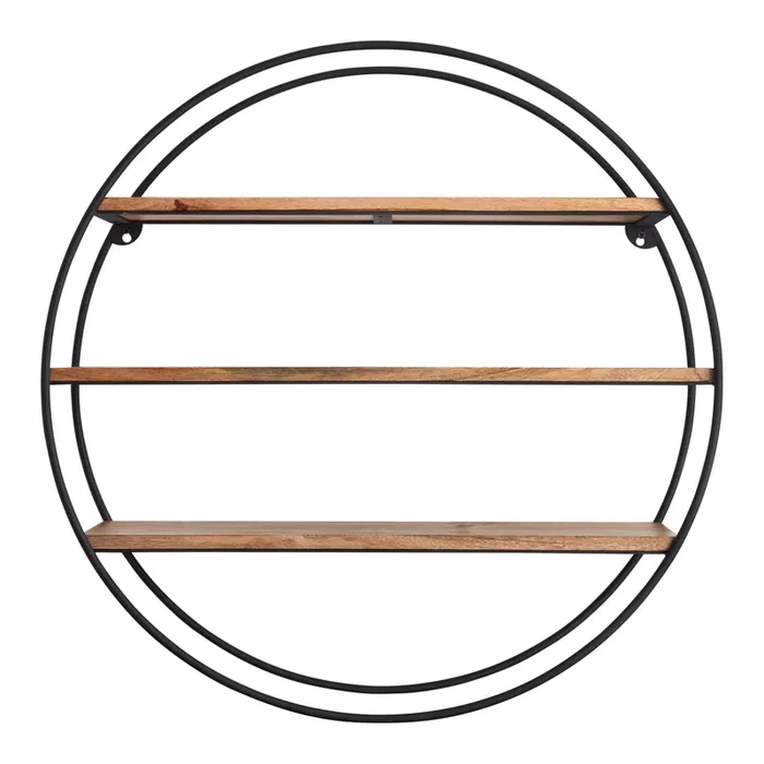 Round Black Metal and Natural Mango Wood Wall Shelf