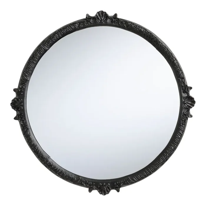 Round Black Wood Carved Wall Mirror