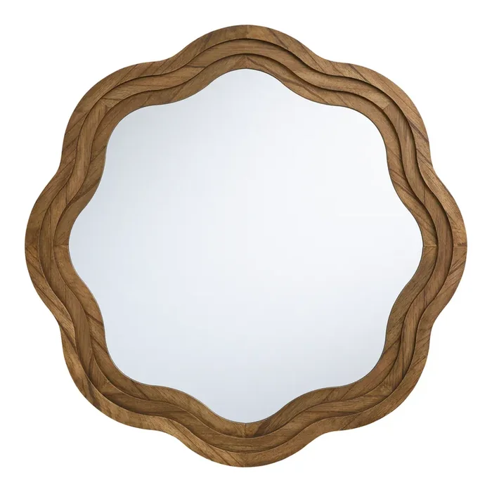 Round Brown Wood Stepped Scalloped Wall Mirror