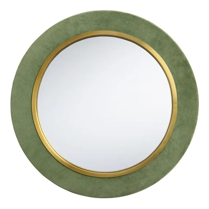 Round Green Velvet and Gold Metal Wall Mirror
