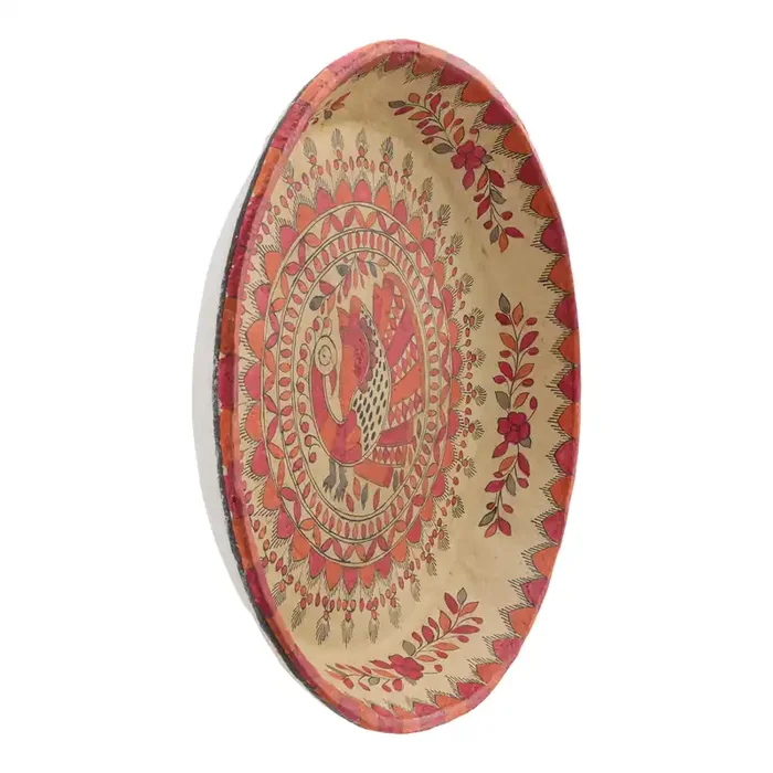 Round Pink and Orange Paper Mache Peacock Wall Decor