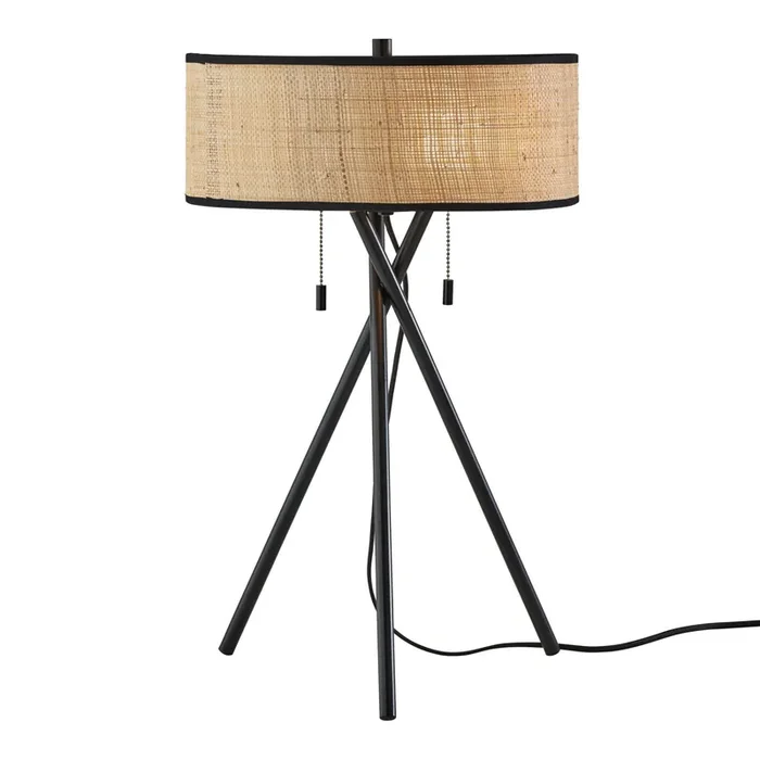 Seymour Natural Rattan and Black Metal Tripod Table Lamp