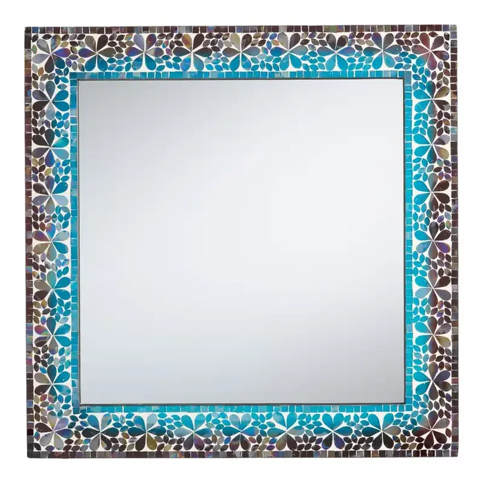 Square Blue and Purple Iridescent Floral Mosaic Wall Mirror
