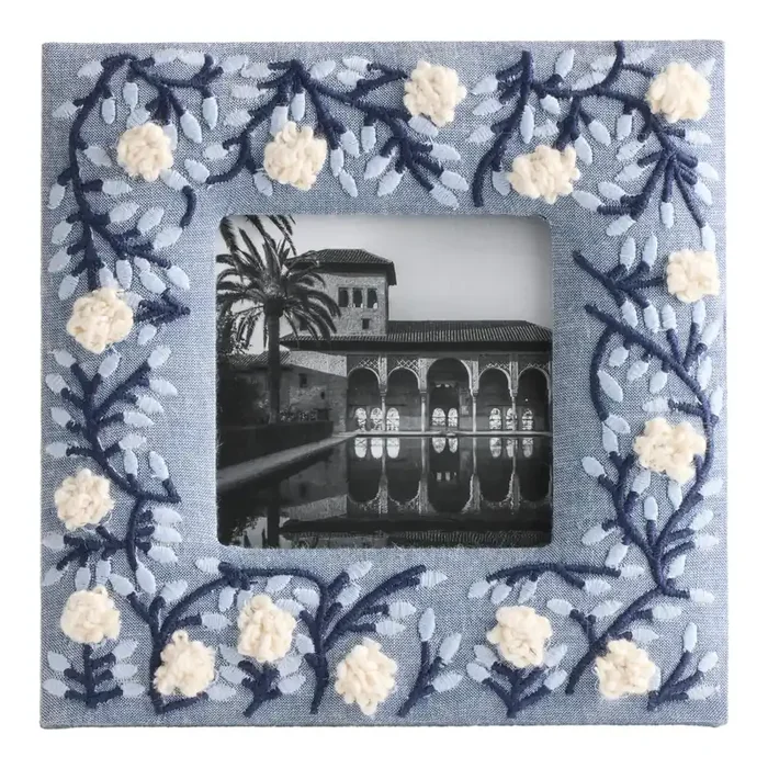 Square Dark Blue and White Floral Embroidered Picture Frame