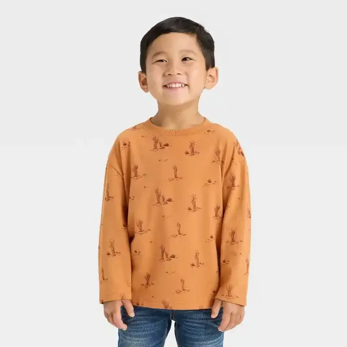 Toddler Boys‘ Long Sleeve Western Cactus T-Shirt – Cat & Jack™ Brown 18M