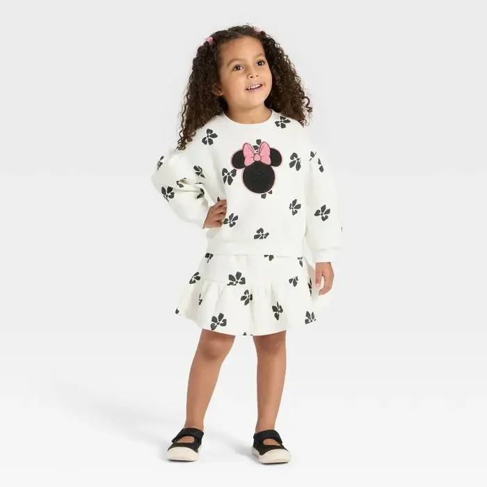Toddler Girls‘ 2pc Disney Minnie Mouse Long Sleeve Top and Skort Set – Ivory 2T