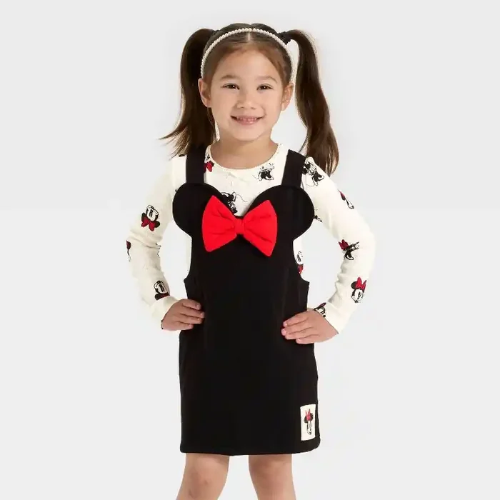Toddler Girls‘ 2pc Disney Minnie Mouse Top and Knit Denim Dress Set – Ivory/Black 4T