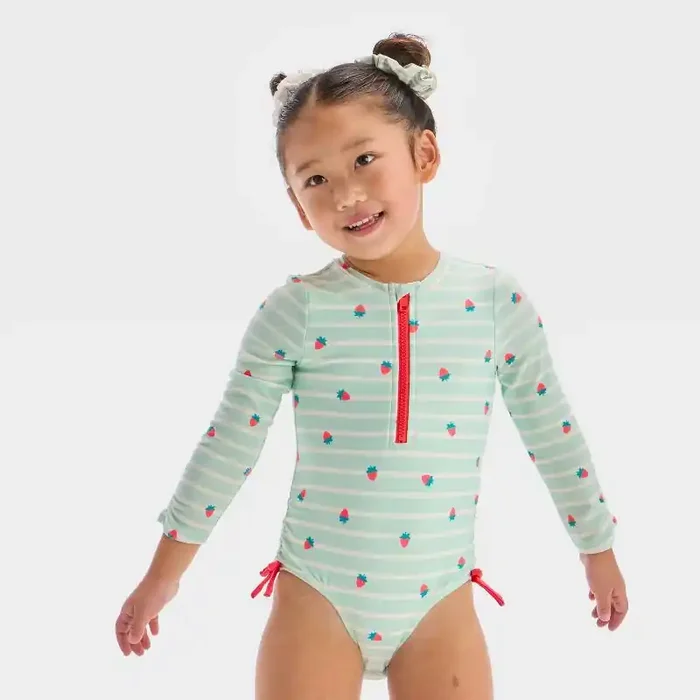 Toddler Girls‘ Long Sleeve Half Zip One Piece Rash Guard Swimsuit – Cat & Jack™ Mint Green 3T UPF 50+, Stripe Pattern