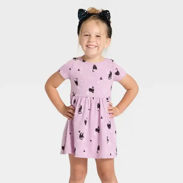 Toddler Girls‘ Short Sleeve Halloween Cats Dress – Cat & Jack™ Lavender 4T