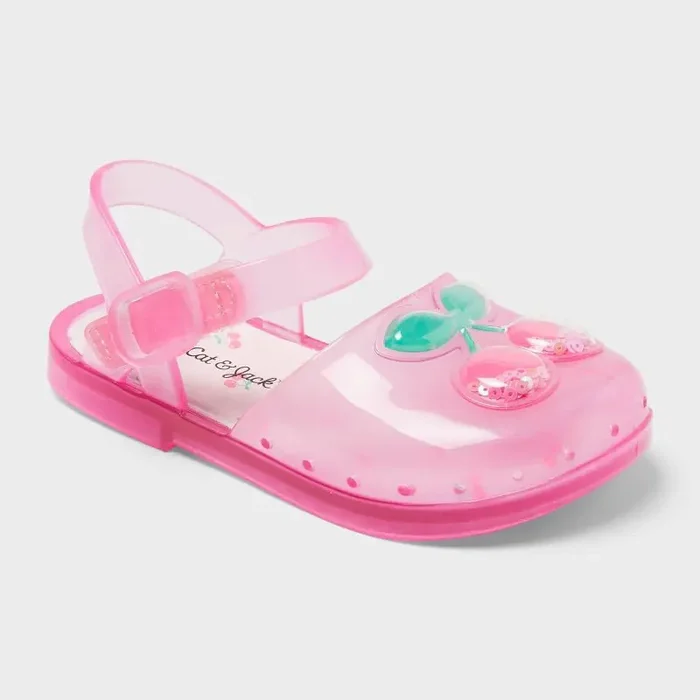 Toddler Lainey Cherry Jelly Sandals – Cat & Jack™ Pink 12T Adjustable Hook and Loop Strap, Non-Marking Outsole, Closed Round Toe